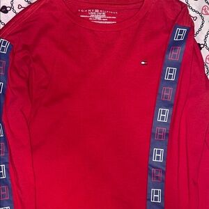 Tommy Hilfiger Red and Blue Logo Sleeve Shirt